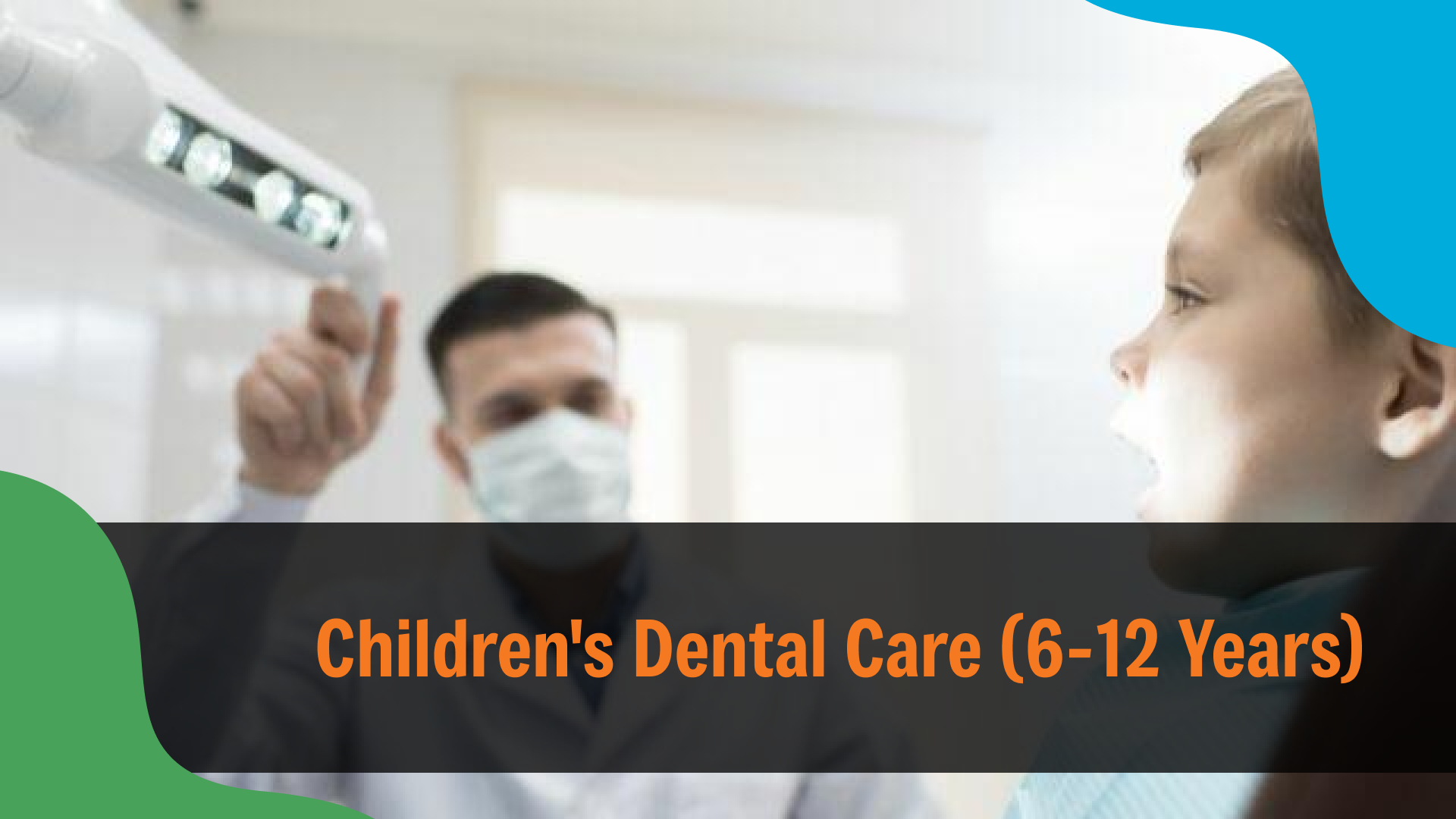 Pediatric dentist examining a child’s teeth with an overhead light, with text reading “Children’s Dental Care (6–12 Years),” representing pediatric dentistry services in Indianapolis.