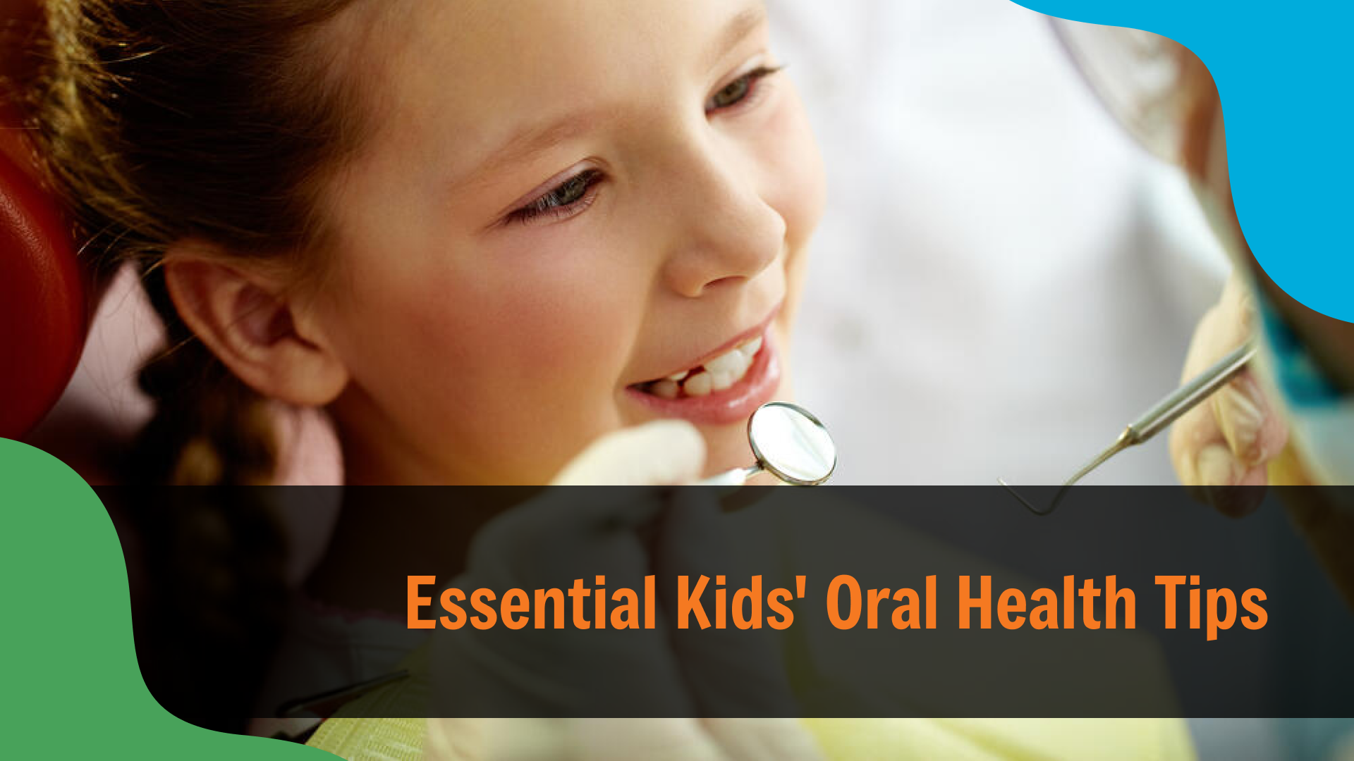 Young child smiling during a dental exam while a dentist uses a mirror tool, with text reading “Essential Kids’ Oral Health Tips,” representing pediatric dental care in Indianapolis.