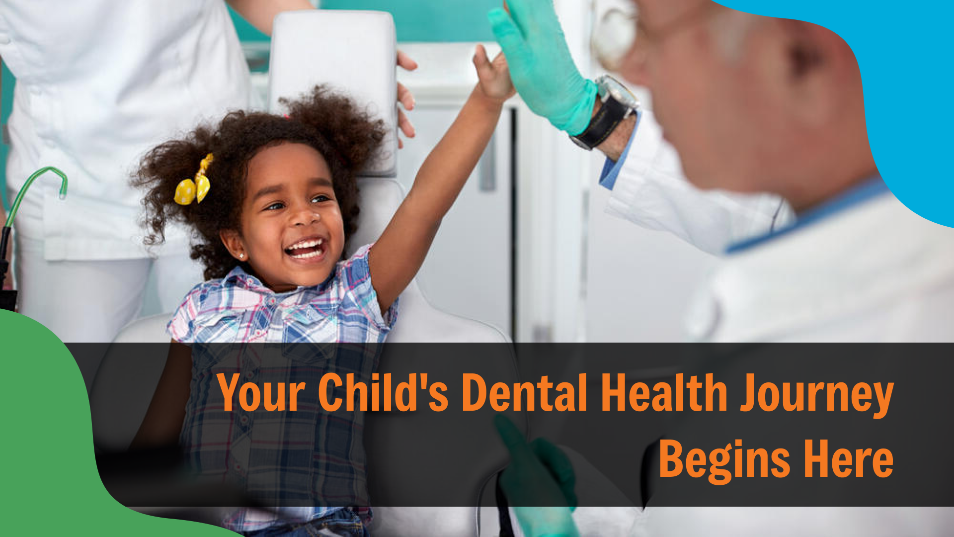 Happy young child giving a high-five to a dentist while sitting in a dental chair, with text reading “Your Child’s Dental Health Journey Begins Here,” representing pediatric dentistry in Indianapolis.