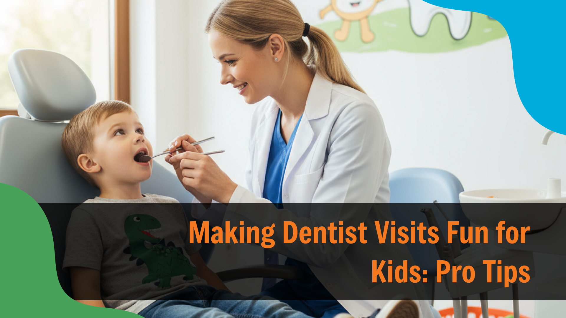 Pediatric dentist examining a young child’s teeth in a dental chair while smiling and engaging the child, with text reading “Making Dentist Visits Fun for Kids: Pro Tips,” representing pediatric dental care in Indianapolis.