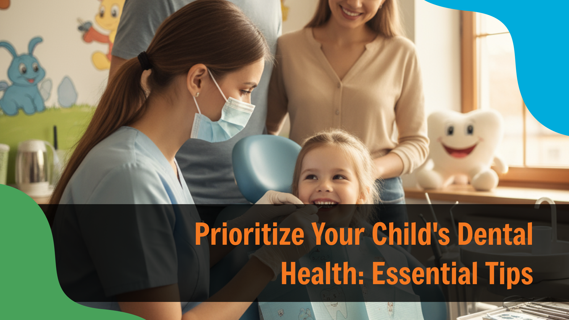 Pediatric dentist wearing a mask examining a smiling young girl in a dental chair while parents look on, with text reading “Prioritize Your Child’s Dental Health: Essential Tips,” representing pediatric dental care in Indianapolis.