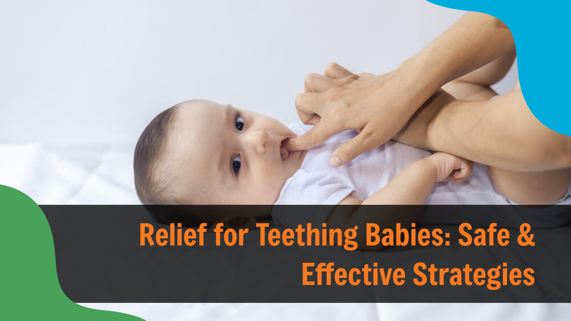 Relief for Teething Babies_ Safe & Effective Strategies Parent gently soothing a teething baby by touching their gums while the baby lies on a soft surface, with text reading “Relief for Teething Babies: Safe & Effective Strategies,” representing pediatric dental care in Indianapolis.